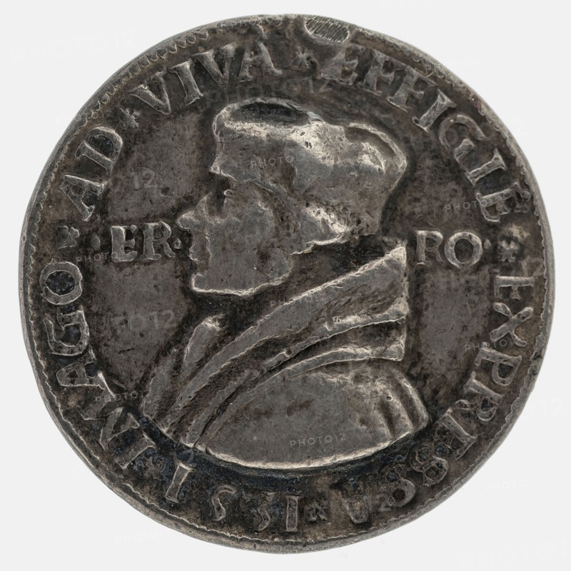 after:: Quinten Massijs, Terminus medal at Erasmus, penning footage silver, hand-painted, left accustomed bust of Erasmus