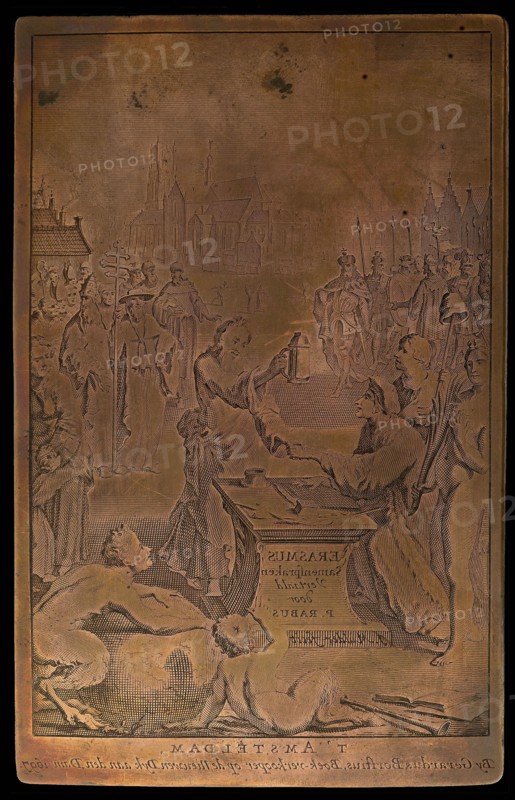 Engraver: J. Mulder, Copperplate for engraving (title print) with among others Erasmus, Diogenes, city of Rotterdam