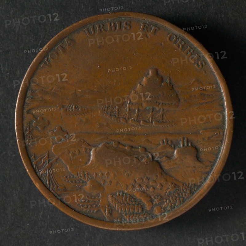 Lazarus Gottlieb Lauffer, Medal on the conquest of Marea by the Venetians on the Turks, penning footage copper, bay with ships