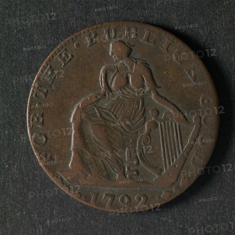 Medal (halfpenny?) Of Ireland, penny coin money swap copper, sitting Irish virgin with harp omschrift: FOR THE PUBLICK GOOD pay