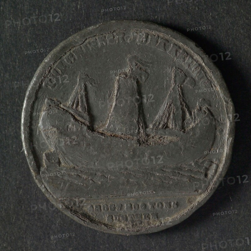 Medal on the arrival of the first Chinese ship in England in 1848, medallions lead metal, junk at sea omschrift: THE CHINESE