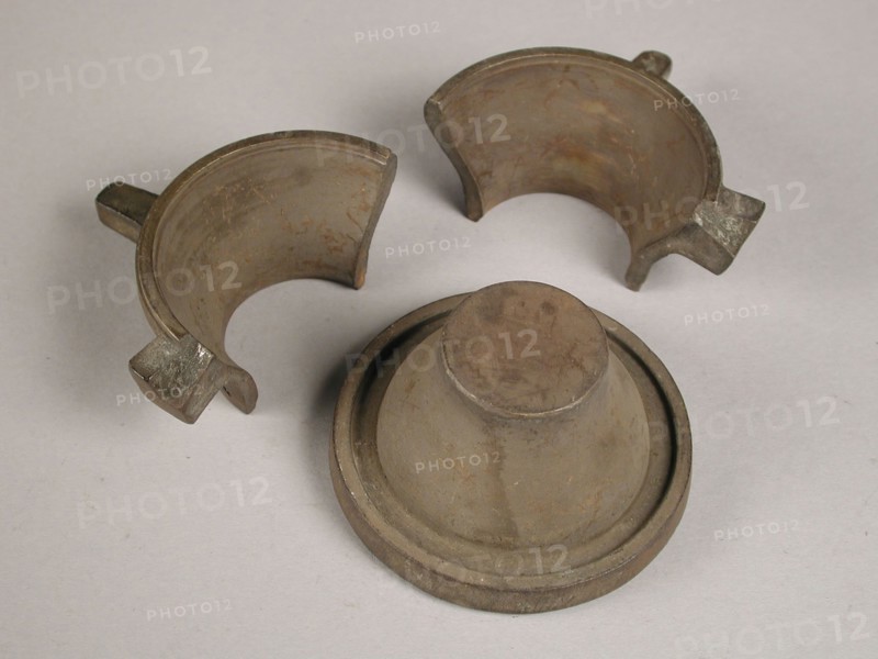 Three parts of four-piece bronze mold for neck of pot or jug, mold casting tool tools base metal bronze, cast cast Four-piece