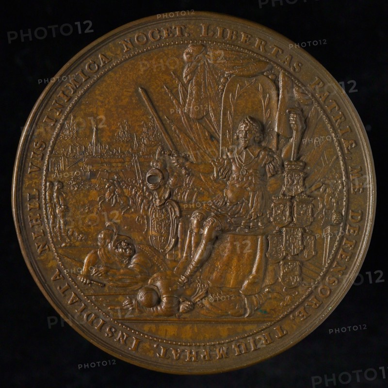 Medal on the arrival of Maria Stuart to the Netherlands, penning footage copper, Frederik Hendrik on throne with sword