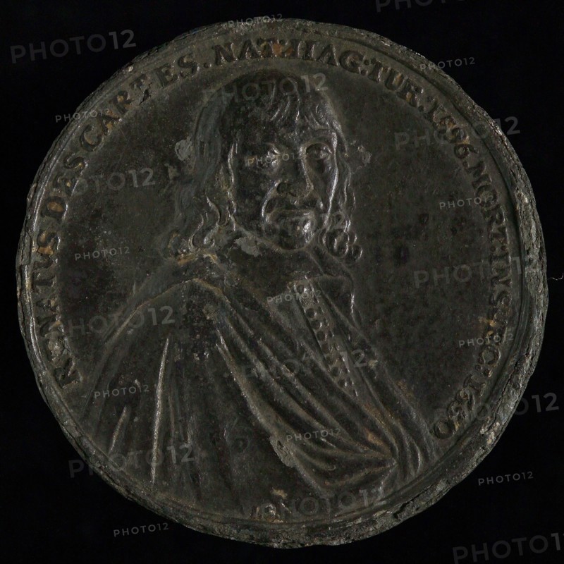 I. Smeltzing, Medal on the death of René Descartes in 1650, death certificate medallion images lead metal, bust of Descartes