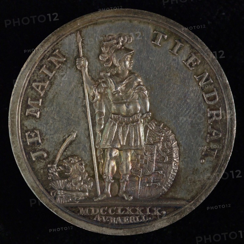 A.M.J. van Baerll, Medal on the second centenary of the Union of Utrecht, penning footage silver, William V as Mars with spear