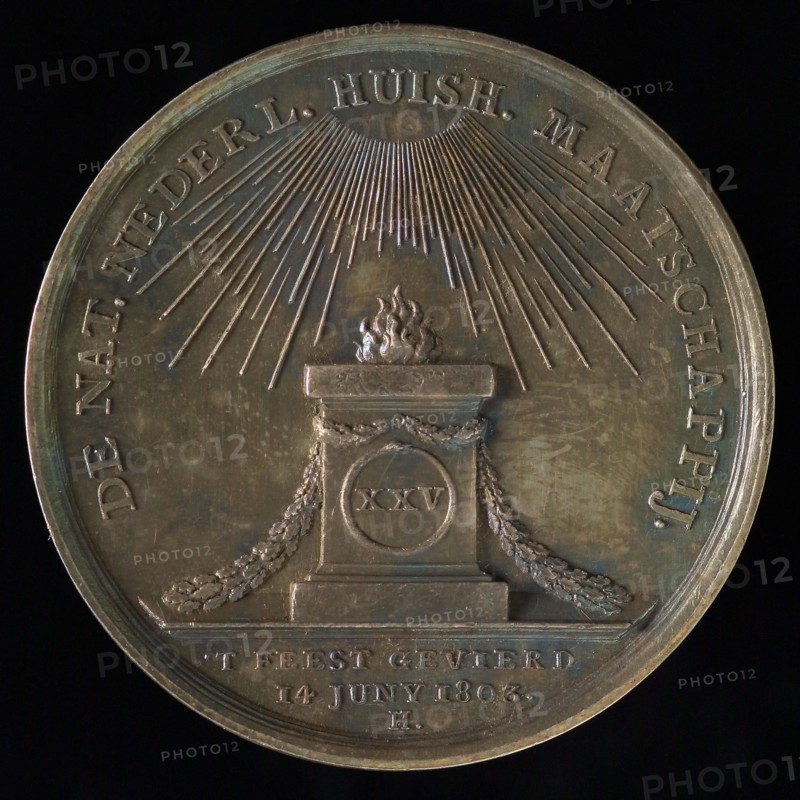 J.G. Holtzhey, Medal on the 25th anniversary of the Nationale Nederlandsche Huisoud Maatschappij, penning footage silver, oak