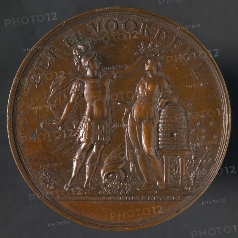 J.G. Holtzhey, Medal on the 50th anniversary of the Dutch Household Company, medallion bronze bronze med 4,8, symbolic male