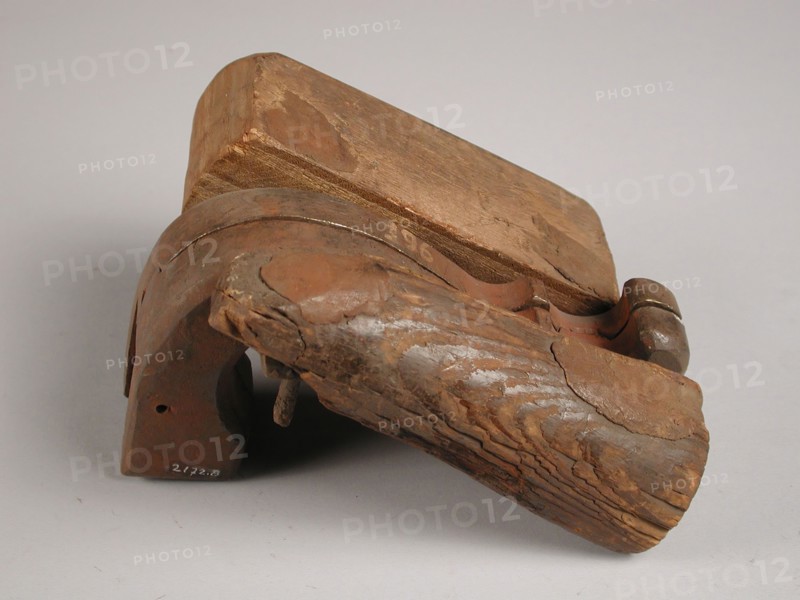 Two parts of three-piece bronze mold for ear of jug, cast molding tool tools base metal bronze wood iron, cast Three-piece