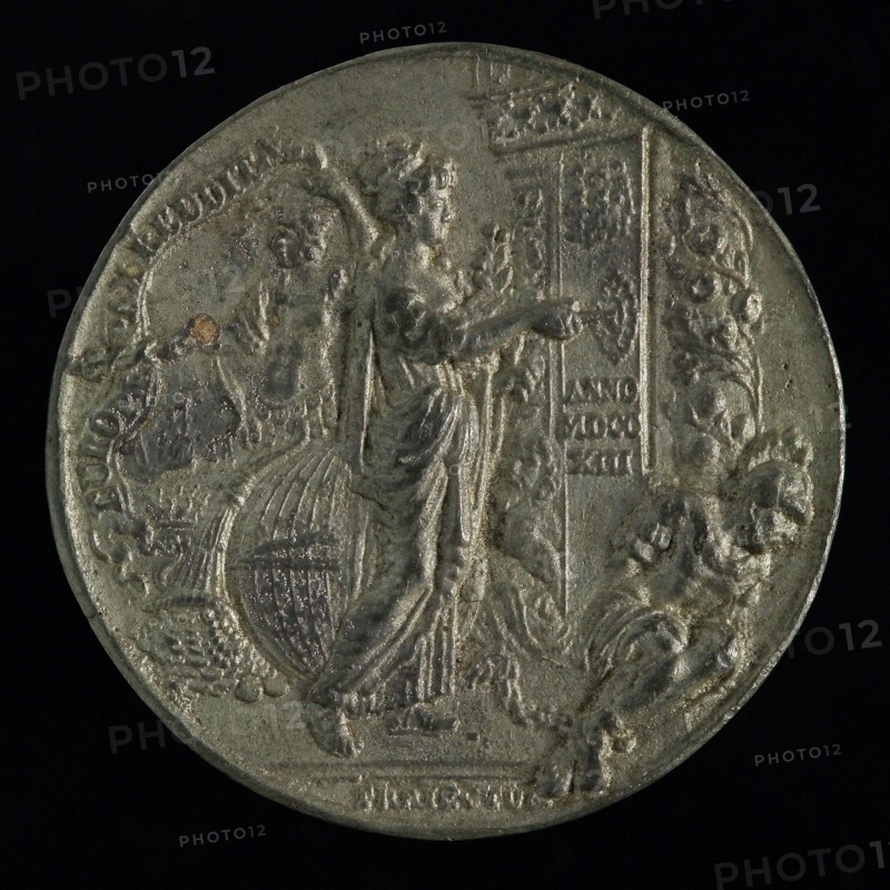Daniël Drappentier, Medal on the conclusion of the peace of Utrecht, penning visual material lead metal, peace closes door