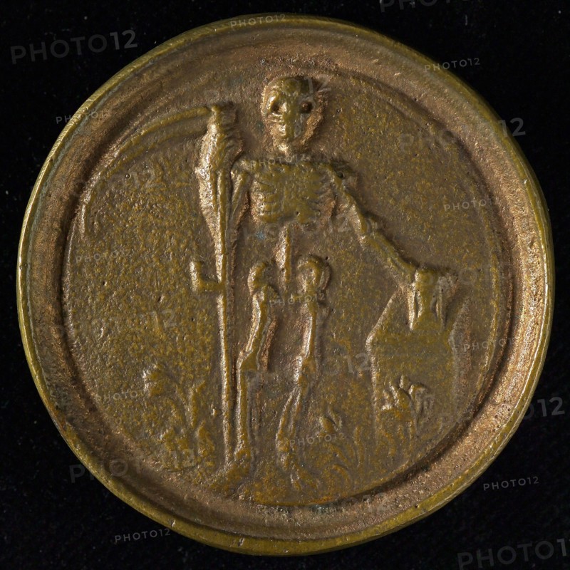 Entrance fee from the Hortus Medicus in Amsterdam, penning footage copper, standing skeleton scythe in the right hand