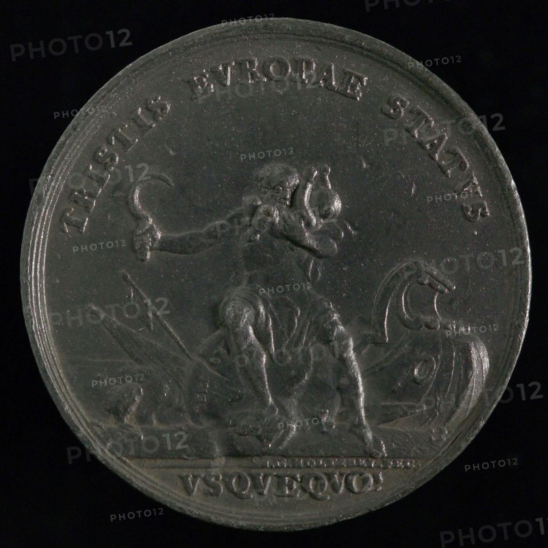 J.G. Holtzhey, Medal on the time conditions at the beginning of the year 1761, medallion lead metal lead, Saturn is on split