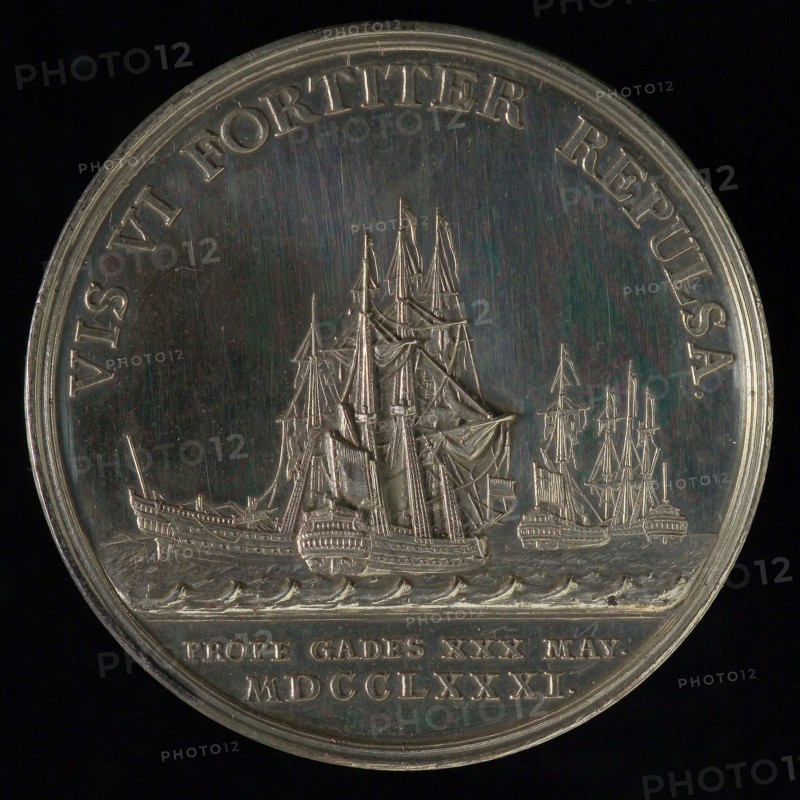 J.G. Holtzhey, Medal on the sea battle at Cadiz, penning footage silver, Trident of Neptune with three coats of arms two anchors