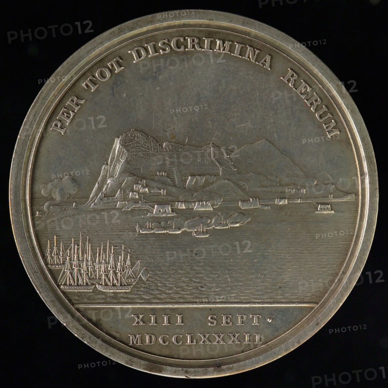 L. Pingo, Medal on the defense of Gibraltar, penning footage silver, view of the rock of Gibraltar for which some ships