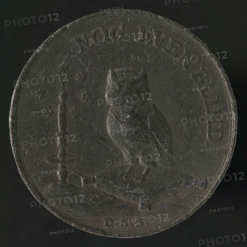 Medal on the Reformation, medallion medallions lead metal, owl seated on cushion; next to him is candle surrounded