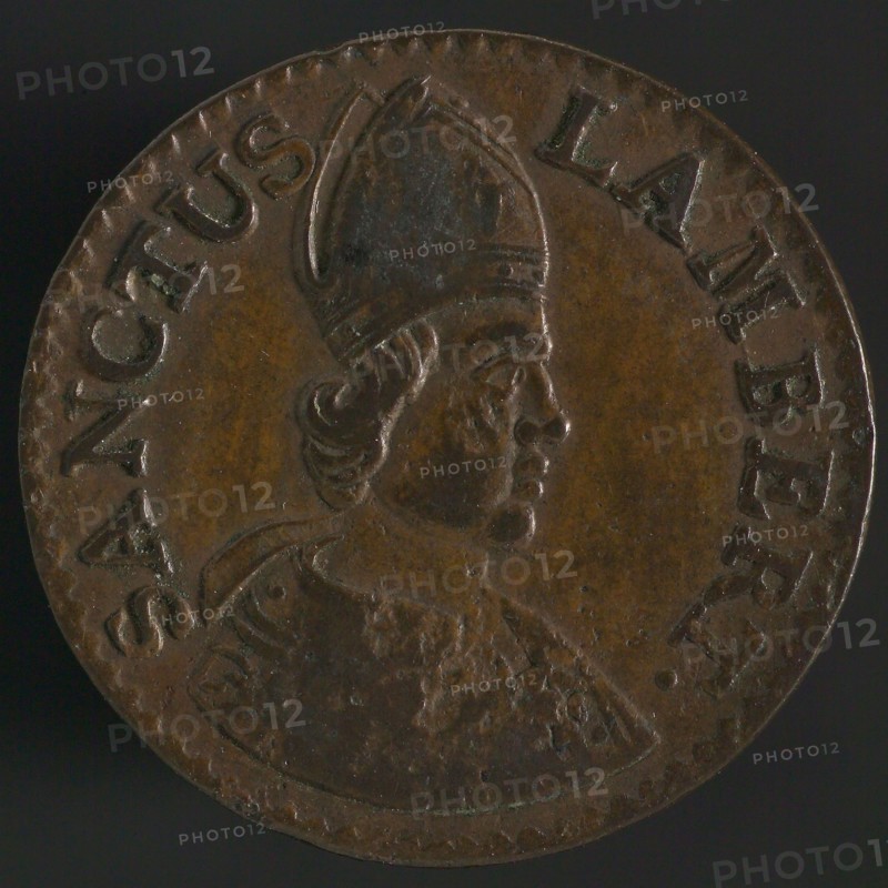 Medal of the St. Lambertus Cathedral in Liege, medallions bronze bronze, bust St Lambertus to the right, SANCTUS LAMBERT.