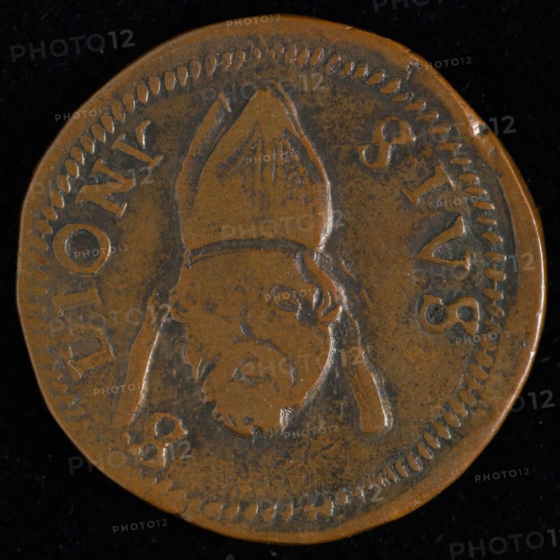 Medal St. Denis church, diocese of Liege, penning footage copper, head of St. Dionysius and face with miter, S-DIONI-SIVS
