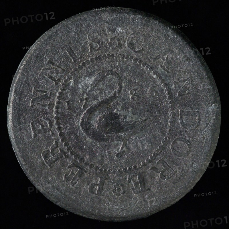 Bread medal of the Lutheran Diaconate, bread penny penny swap lead metal, Swan to the left in pearl rim, CANDORE (rose) PERRENIS
