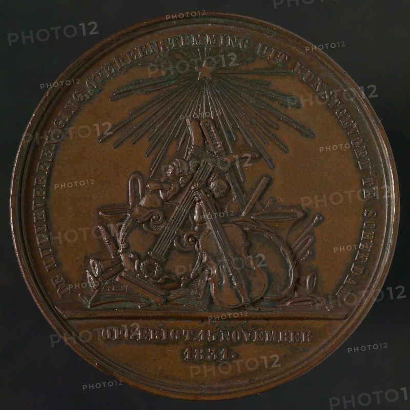 medallion bronze bronze medals 4,0, group of musical instruments composed of lyre guitar violin or violoncel waldhoorn timpani