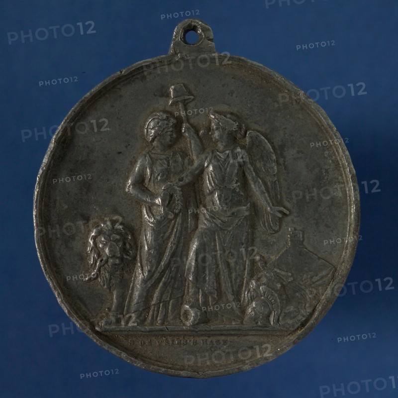 S. de Vries, Medal on the 50th anniversary of the Battle of Waterloo, penning footage tin, Victory gives the Dutch virgin wreath