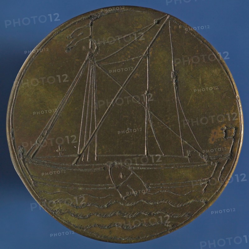 Medal der Kleinschippers in Rotterdam, no. 45, guild penny penny identification carrier brass, sailing ship sailing to the left