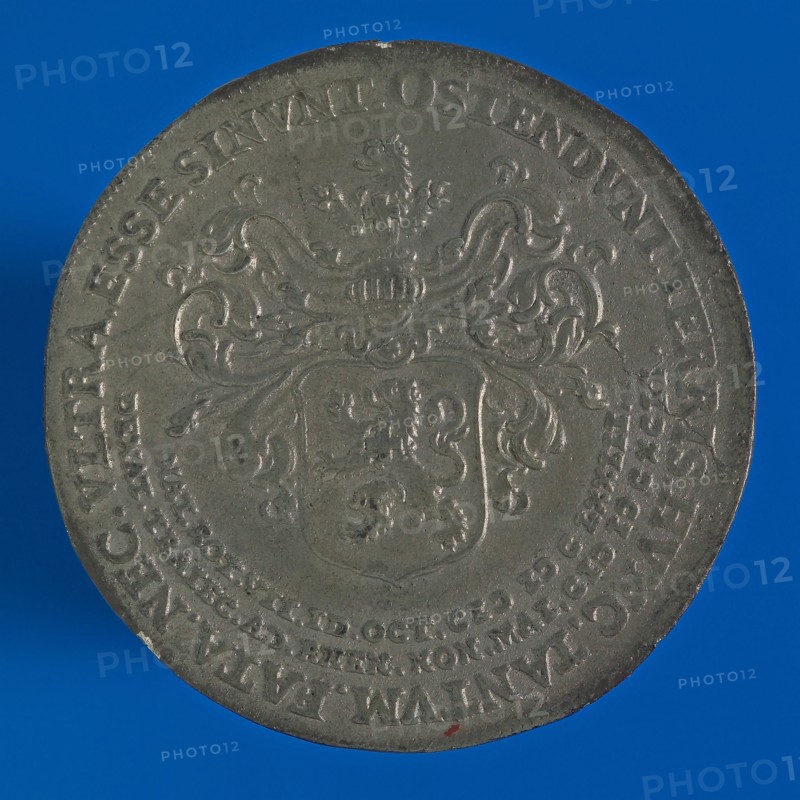 Medal on the death of Dammas Pesser at the age of 19 in 1692, death certificate medal pewter image tin, beaten, arm of Pesser