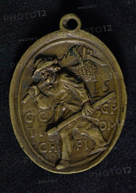 Guild medal of the St. Joseph or carpenter's guild, guild medal penning identification carrier copper, cast Oval guild medal