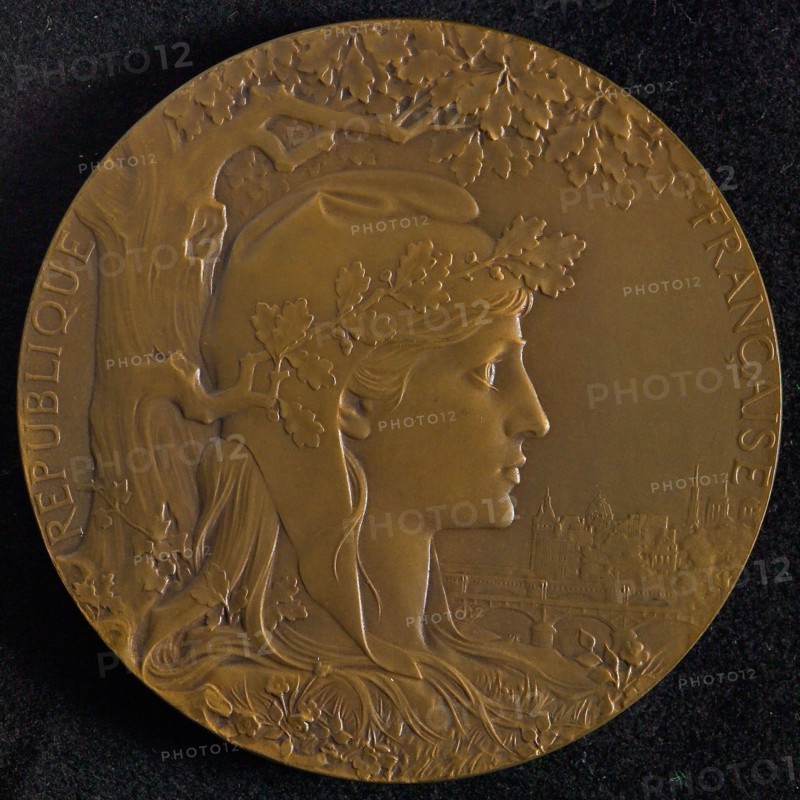 J.C. Chaplain (1839 - 1909), Medal in memory of the World's Fair in Paris in 1900, medallion medal bronze, To the right turned