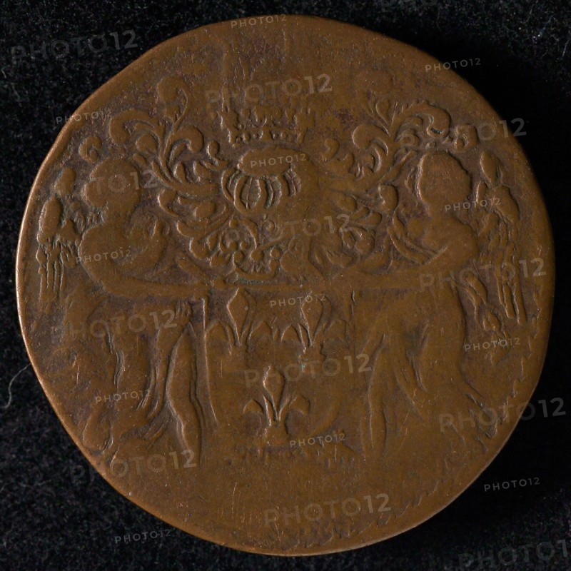 French medal, jeton utility medal medal exchange copper, helmeted escutcheon with three lilies (2-1) with two winged females