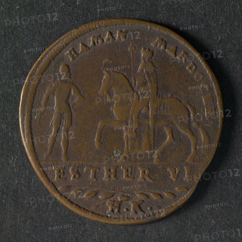 Hans Krauwinkel, Medal Ester VI, jeton utility medal medal exchange copper, crowned crowned king (Mordecai) on the left