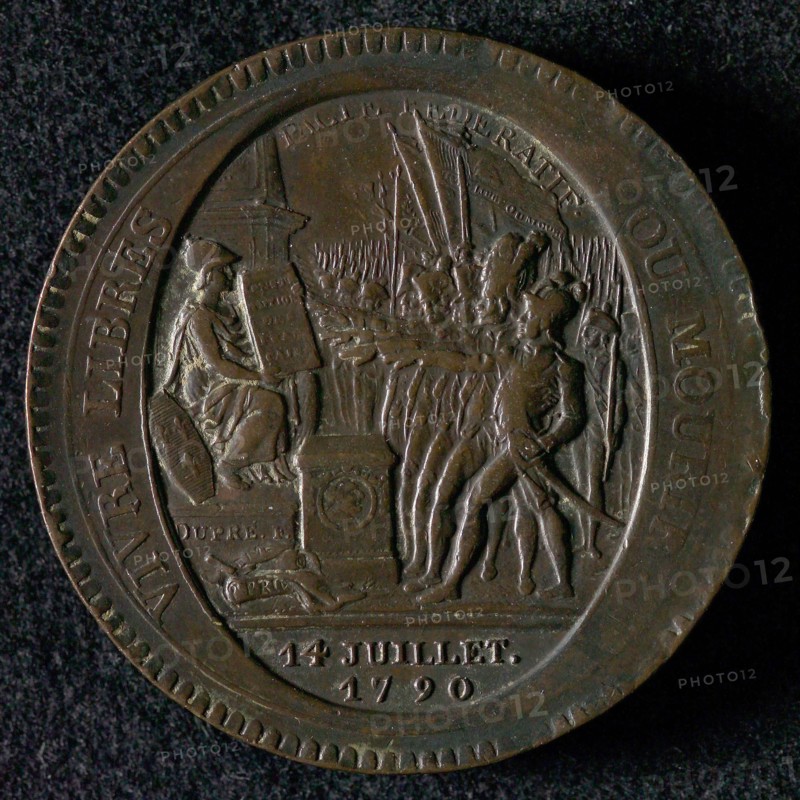Medal de confiance de cinq Sols, commemorative medal penning footage bronze, revolutionary scene legend: VIVRE LIBRES - OU