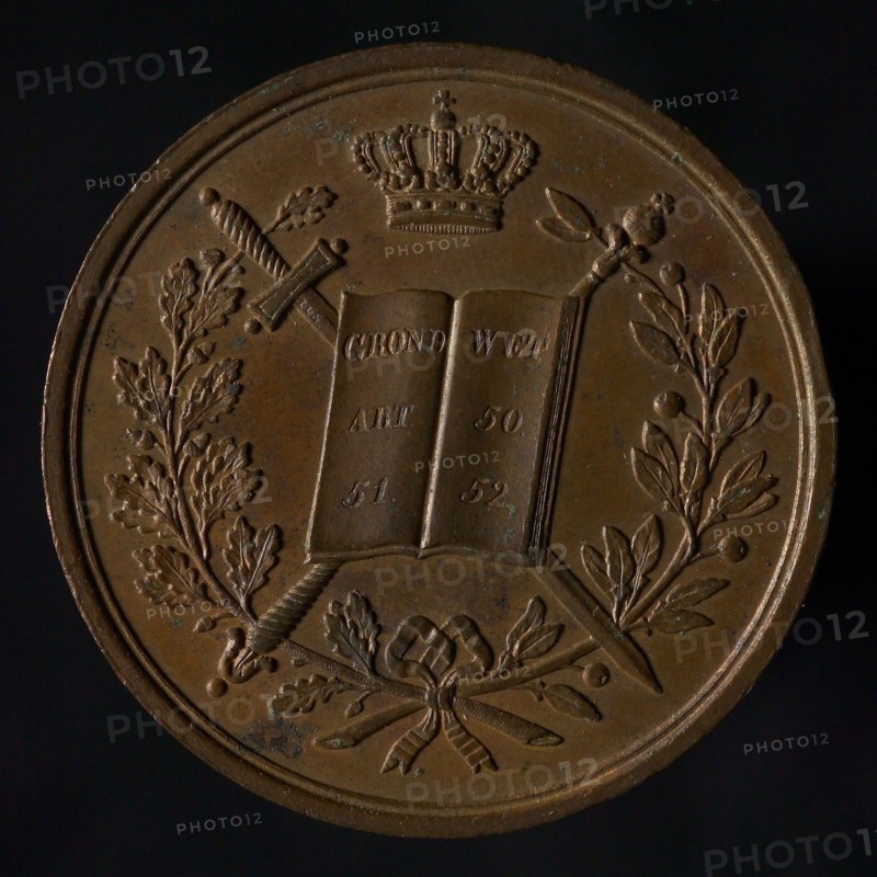 Medal on the inauguration of King William III in 1849, medallion bronze bronze medal 2,3, Opened book with text