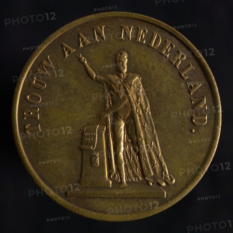 Medal on the inauguration of King William III, commemorative medal penning footage copper gold, gilded, king William III wrapped