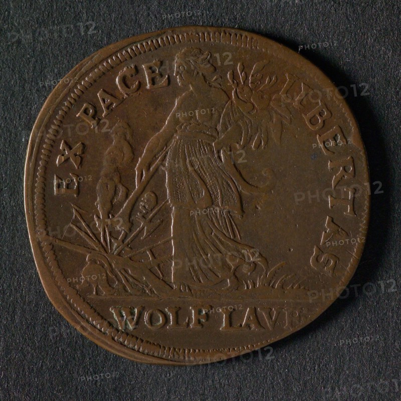 Wolf Laufer, Calculation medal, jeton use medal penny swap copper, dolphin swimming to the right; hand coming from the cloud