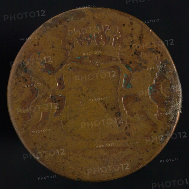 Double or double penny, coin of the VOC, minted in Utrecht (1840-1843), resort currency money exchange buyer, city coat of arms