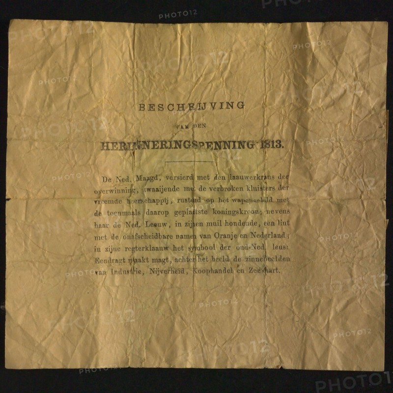 Description of reminder fee 1813, document information form paper, Description of remembrance medal 1813 Orange paper with black