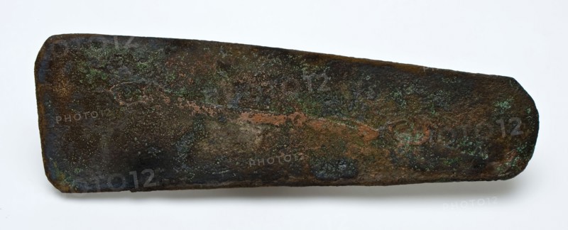 Long narrow tapered plate with rounded corners, artifact soil found bronze copper metal, cast cut Long narrow tapered plate