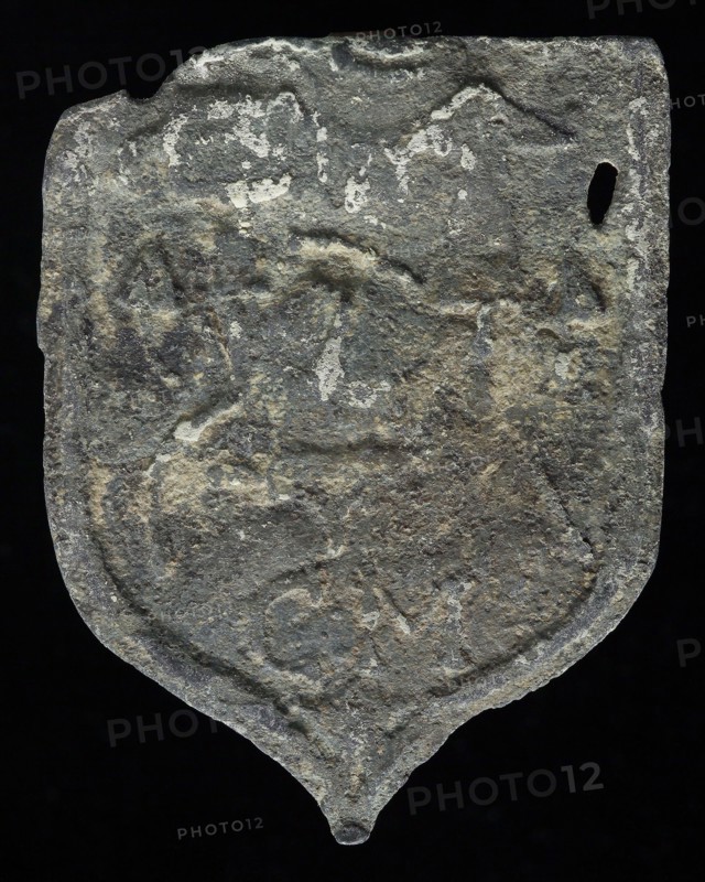 CM, Roof bonnet, shield-shaped cover plate with guide tools and CM, Barrier lead hallmark metal lead, Roof lead shielded cover