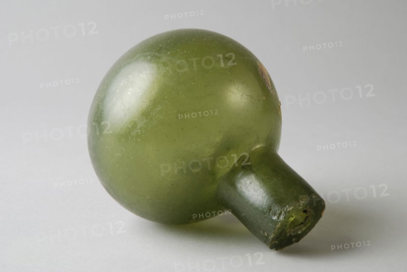 Fire grenade, fragmentation grenade, grenade weapon ground find glass, cast Green glass ball with attached short cylindrical