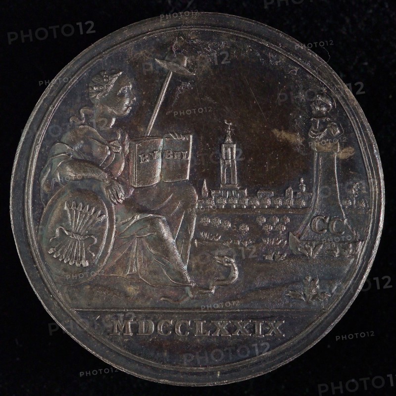 A.M.J. van Baerll, Medal on the second centenary of the Union of Utrecht, penning footage silver, view of Utrecht