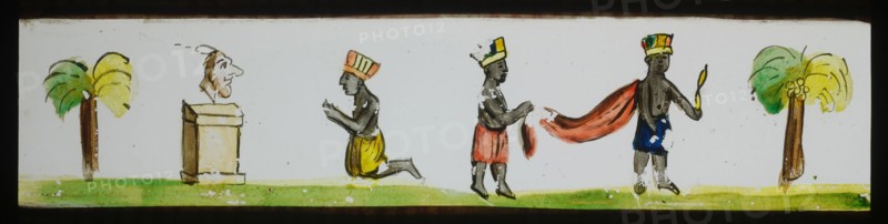Hand-painted lantern plate with negroes, slide plate slideshope images glass paper, Hand-painted slides with top and bottom