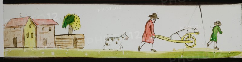 Hand-painted lantern plate with men with wheelbarrow, slide slide slideshope images glass paper, Hand-painted slides