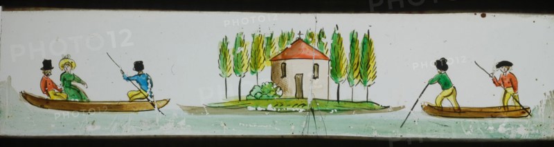 Hand-painted lantern plate with people in boats, slide slide slide picture glass paper, Hand-painted slide with top and bottom