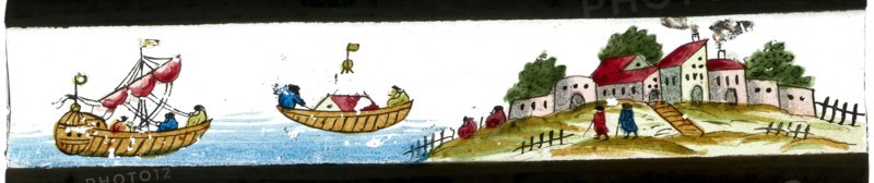 Hand-painted lantern plate with village and seascape, slide plate diapositive footage glass paper, Hand-painted slide with top