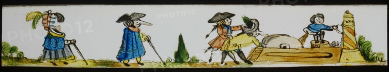 Hand-painted lantern plate with figures with long noses, slide plate slideshope images glass paper, Hand-painted slides