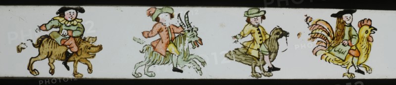 Hand-painted lantern plate with men on animals, slide plate slideshope images glass paper, Hand-painted slides with top
