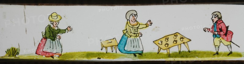 Hand-painted lantern plate with picnic scene, slide slide diapositive footage glass paper, Hand-painted slide with top