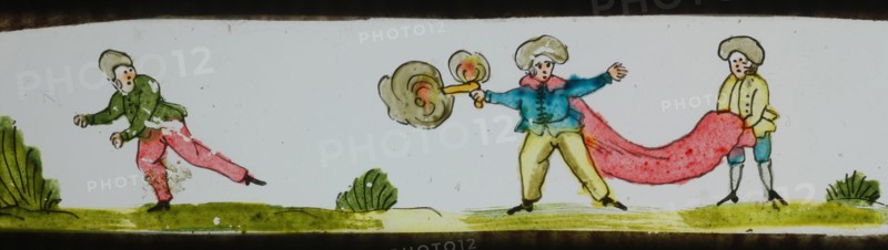 Hand-painted lamppost with shooting, slide plate slideshope images glass paper, Hand-painted slides with top and bottom edges