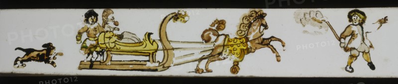 Hand-painted lantern plate with horse sleigh, slide slide slideshoot images glass paper, Hand-painted slides