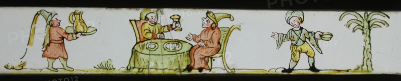 Hand-painted lantern plate with Oriental gentlemen at the table, slide plate slideshope images glass paper, Hand-painted slides