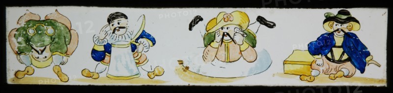 Hand-painted lantern plate with caricatures, slide plate slideshope images glass paper, Hand-painted slides with top and bottom